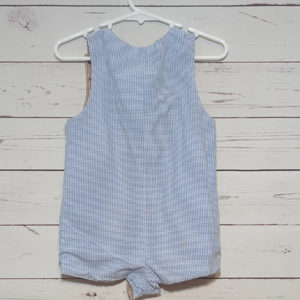 Vintage Baby Boy Infant Blue Gingham‎ Baby Romper Shortall Bunny Turtle 6-12 MO.